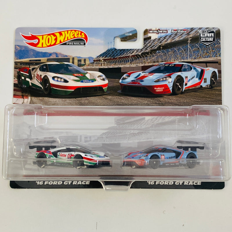 2022 Hot Wheels Premium Car Culture Ford GT 2 Pack Set de 2 - Castrol 16 Ford GT Race y Eco Boost 16 Ford GT Race con Llantas de Goma RR