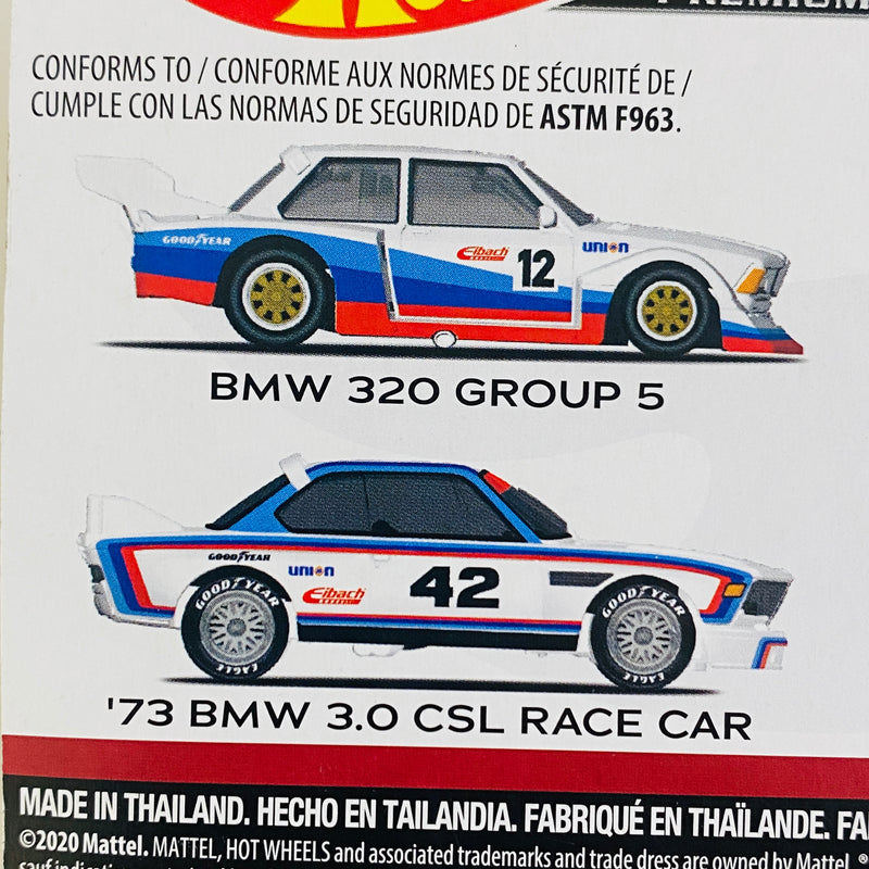 2023 Hot Wheels Premium Car Culture BMW 2 Pack Set de 2 - 73 BMW 3.0 CSL Race Car y BMW 320 Group 5 con Llantas de Goma RR