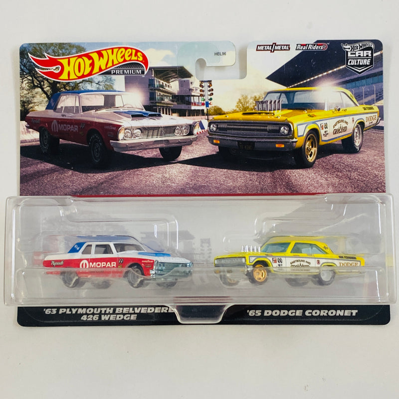 2023 Hot Wheels Premium Car Culture Classic Muscle 2 Pack Set de 2 - 63 Plymouth Belvedere 426 Wedge y 65 Dodge Coronet con Llantas de Goma RR