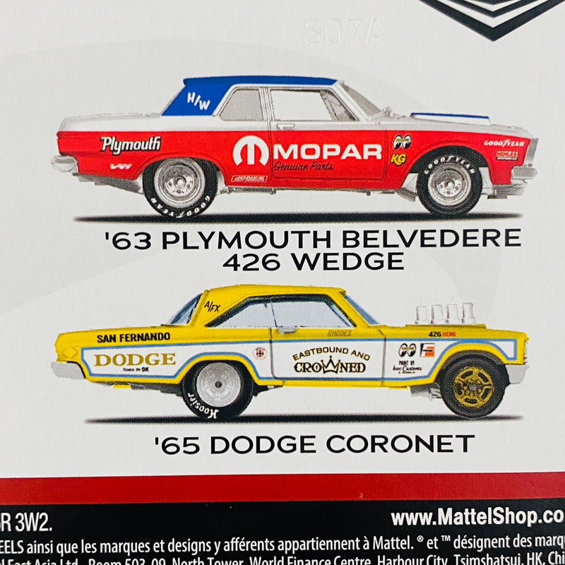 2023 Hot Wheels Premium Car Culture Classic Muscle 2 Pack Set de 2 - 63 Plymouth Belvedere 426 Wedge y 65 Dodge Coronet con Llantas de Goma RR