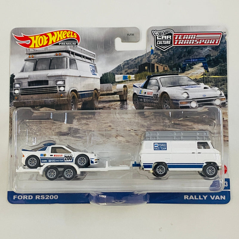 2021 Hot Wheels Premium Car Culture Team Transport Ford RS200 en Trailer y Rally Van con Llantas de Goma RR