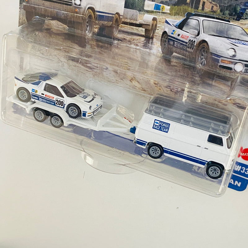 2021 Hot Wheels Premium Car Culture Team Transport Ford RS200 en Trailer y Rally Van con Llantas de Goma RR