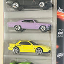 2025 Hot Wheels Fast & Furious Rápidos y Furiosos 5 Pack Set de 5 - 68 Plymouth Barracuda Formula S, 70 Dodge Charger R/T, 1966 Chevrolet Impala, Nissan Silvia S13, Porsche 911 GT3 RS