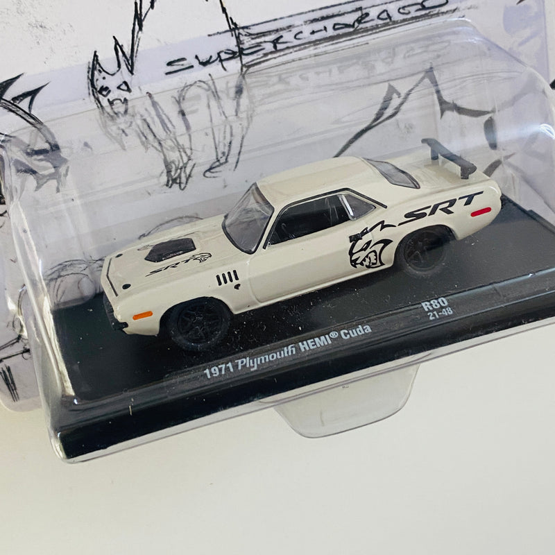 2021 M2 Machines Auto-Drivers Limited Edition 1/9,600 SRT Hellcat 1971 Plymouth HEMI Cuda R80 blanco Llantas de Goma