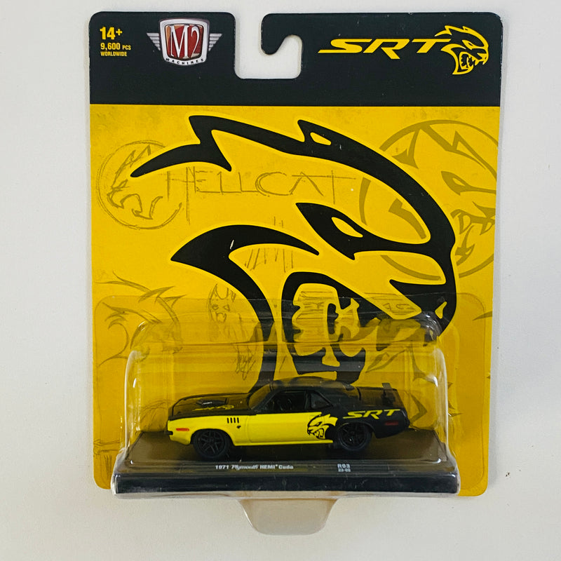 2023 M2 Machines Auto-Drivers Limited Edition 1/9,600 SRT Hellcat 1971 Plymouth HEMI Cuda R93 negro con amarillo Llantas de Goma