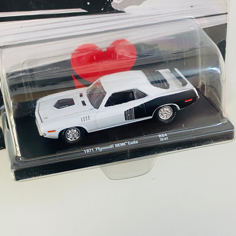 2022 M2 Machines Auto-Drivers Limited Edition 1/9,600 1971 Plymouth HEMI Cuda R84 blanco Llantas de Goma