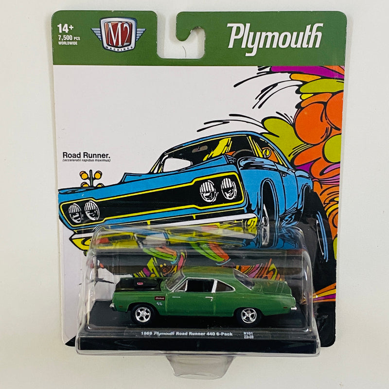 2023 M2 Machines Auto-Drivers Limited Edition 1/7,500 1969 Plymouth Road Runner 440 6 Pack R101 verde Llantas de Goma