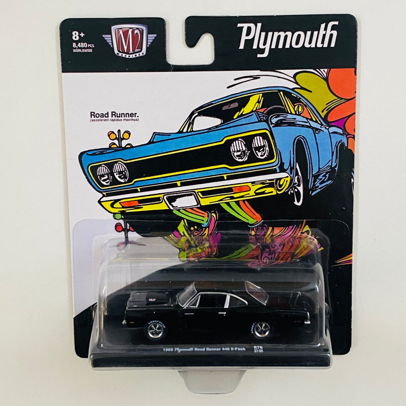 2021 M2 Machines Auto-Drivers Limited Edition 1/8,480 1969 Plymouth Road Runner 440 6 Pack R76 negro Llantas de Goma