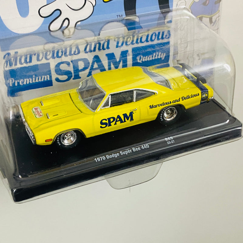 2022 M2 Machines Auto-Drivers Limited Edition 1/9,600 SPAM 1970 Dodge Super Bee 440 R89 amarillo Llantas de Goma