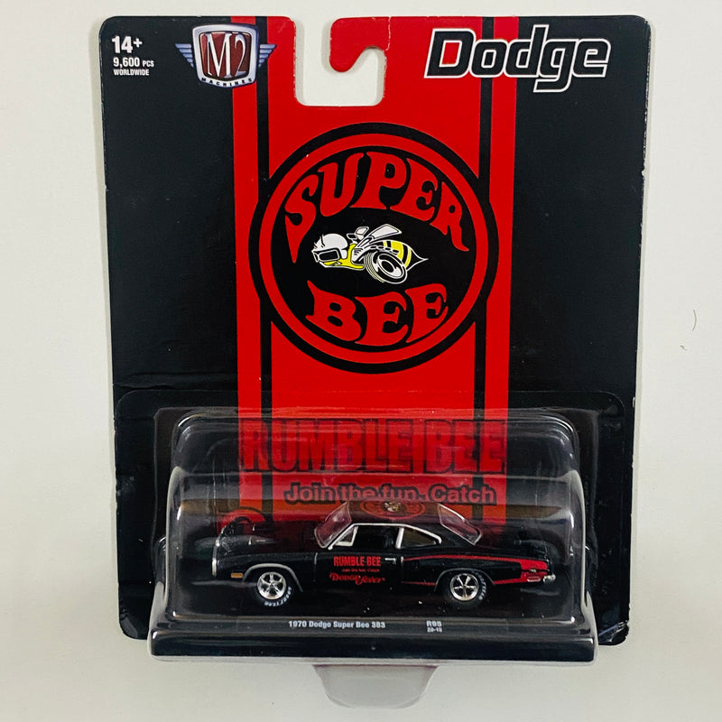 2023 M2 Machines Auto-Drivers Limited Edition 1/9,600 1970 Dodge Super Bee 383 R95 negro con rojo Llantas de Goma