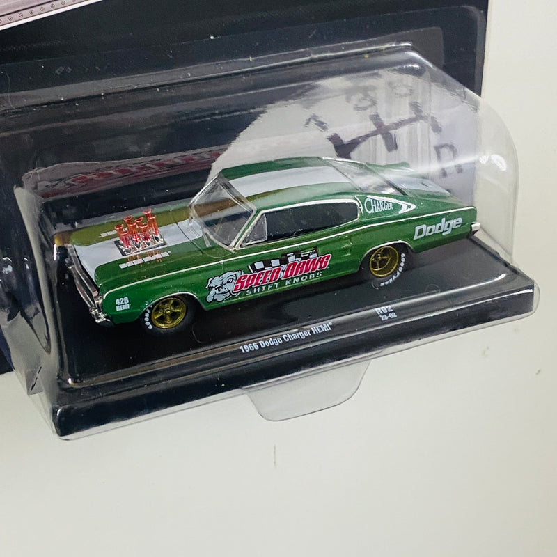 2023 M2 Machines Auto-Drivers Limited Edition 1/9,600 Speed Dawg 1966 Dodge Charger HEMI R92 verde Llantas de Goma