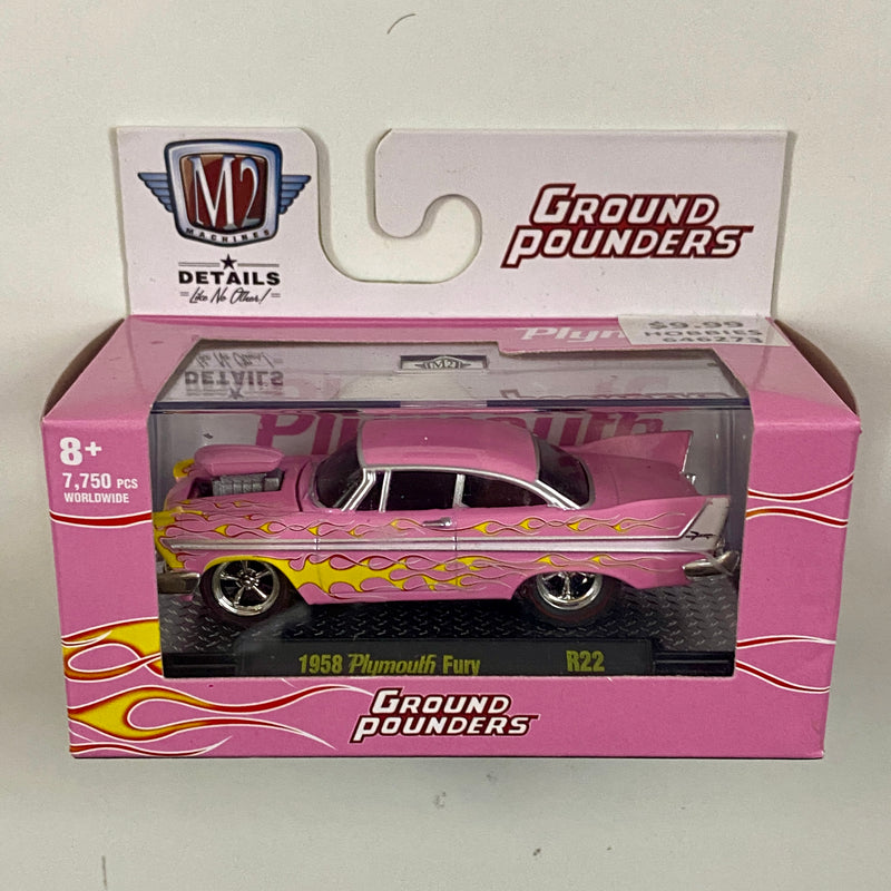 2021 M2 Machines Ground Pounders Limited Edition 1/7,750 1958 Plymouth Fury R22 rosado con flamas Llantas de Goma