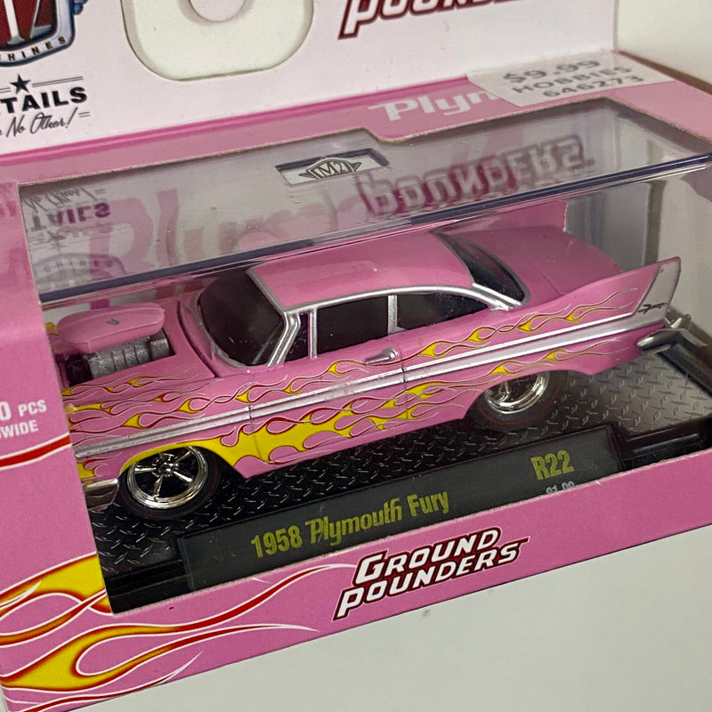 2021 M2 Machines Ground Pounders Limited Edition 1/7,750 1958 Plymouth Fury R22 rosado con flamas Llantas de Goma