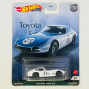 2021 Hot Wheels Premium Car Culture Toyota 2000 GT blanco Llantas de Goma RR base ZAMAC