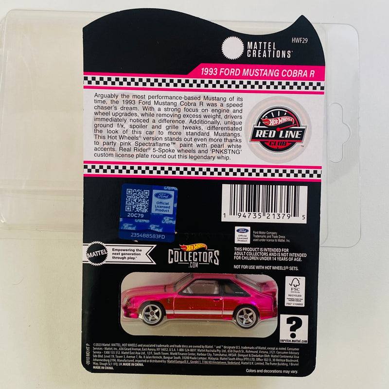 2024 Hot Wheels 24th Annual Collectors Nationals RLC Party Exclusivo Red Line Club Pink Edition 1993 Ford Mustang Cobra R rosado spectraflame Llantas de Goma RR