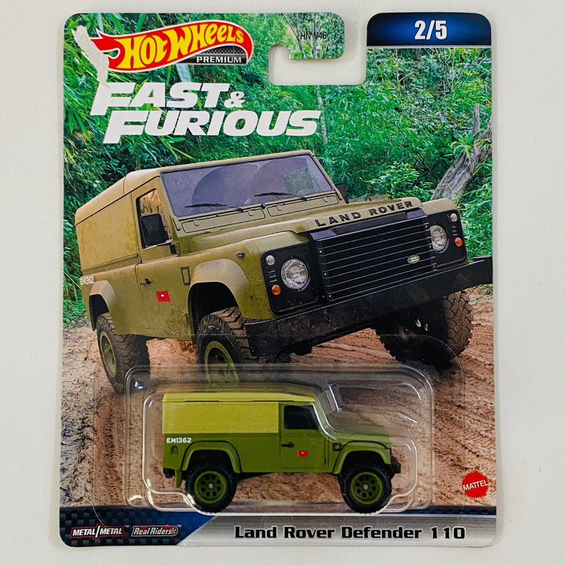 2023 Hot Wheels Premium Fast & Furious Rápidos y Furiosos Land Rover Defender 110 verde Llantas de Goma RR - Detalle Tarjeta