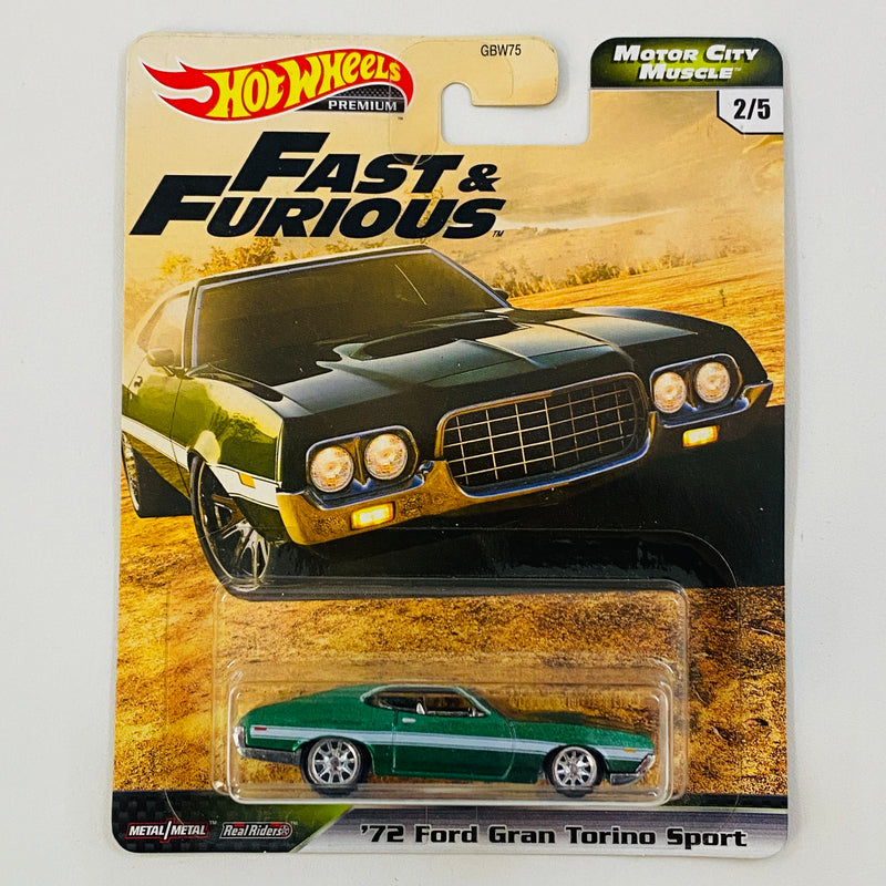 2020 Hot Wheels Premium Fast & Furious Motor City Muscle 72 Ford Gran Torino Sport verde metálico Llantas de Goma RR base ZAMAC
