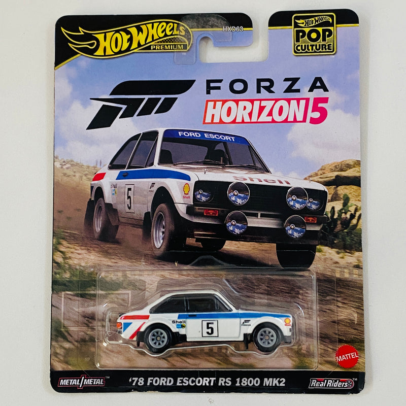 2024 Hot Wheels Premium Pop Culture Forza Horizon 5 78 Ford Escort RS 1800 MK2 blanco Llantas de Goma RR - Detalle Burbuja A