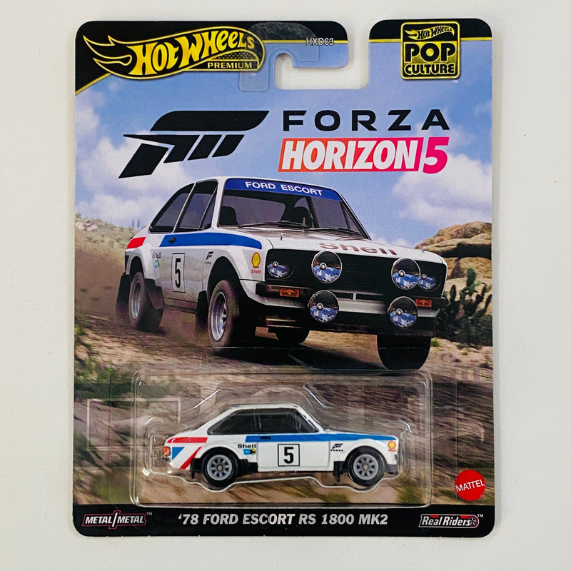 2024 Hot Wheels Premium Pop Culture Forza Horizon 5 78 Ford Escort RS 1800 MK2 blanco Llantas de Goma RR - Detalle Burbuja B