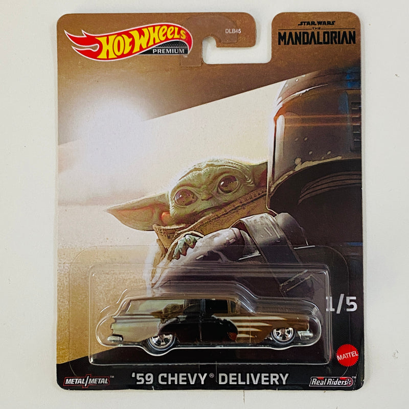 2023 Hot Wheels Premium Pop Culture Star Wars The Mandalorian y Baby Yoda Grogu 59 Chevy Delivery marrón Llantas de Goma RR base ZAMAC