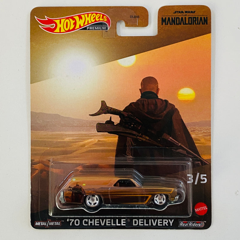 2023 Hot Wheels Premium Pop Culture Star Wars The Mandalorian Boba Fett 70 Chevelle Delivery Chevrolet marrón Llantas de Goma RR base ZAMAC