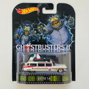 2014 Hot Wheels Premium Entertainment Ghostbusters Los Cazafantasmas Cadillac Ecto 1A blanco Llantas de Goma RR Primera Edición
