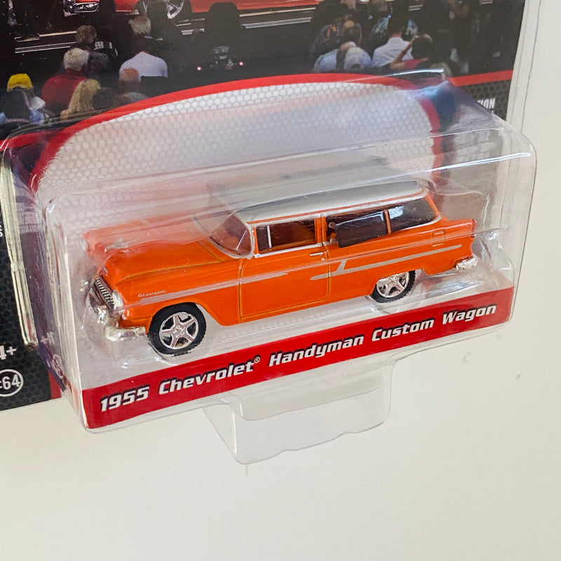 2022 Greenlight Limited Edition Barrett Jackson 1955 Chevrolet Handyman Custom Wagon naranja Llantas de Goma