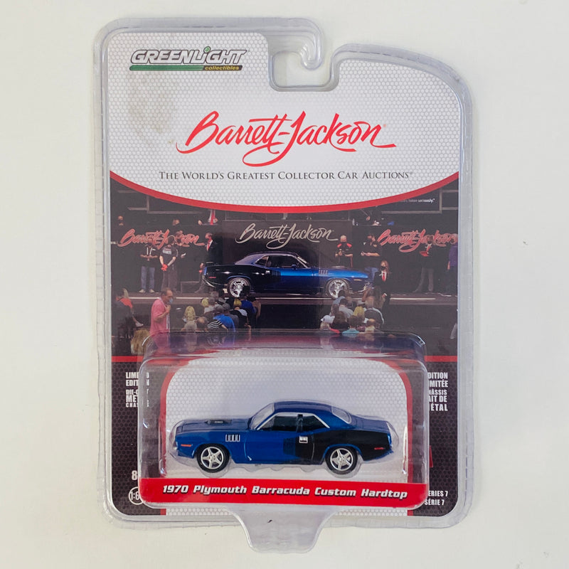 2021 Greenlight Limited Edition Barrett Jackson 1970 Plymouth Barracuda Custom Hardtop azul con negro Llantas de Goma