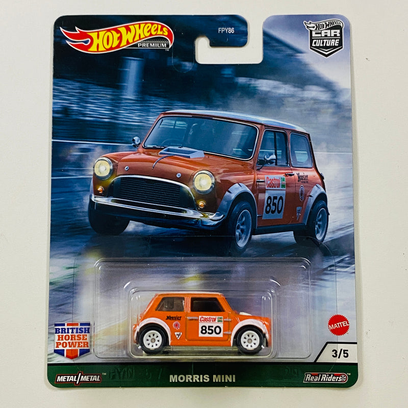 2021 Hot Wheels Premium Car Culture British Horsepower Morris Mini Cooper naranja Llantas de Goma RR base ZAMAC