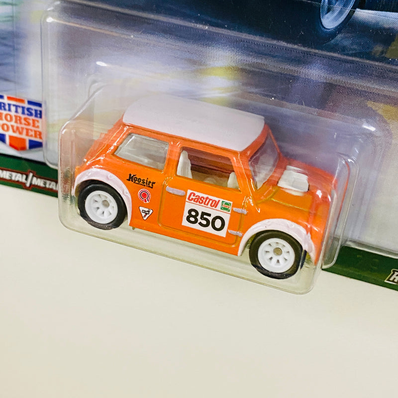 2021 Hot Wheels Premium Car Culture British Horsepower Morris Mini Cooper naranja Llantas de Goma RR base ZAMAC