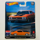 2022 Hot Wheels Premium Car Culture American Scene 69 Chevelle SS 396 naranja Llantas de Goma RR base ZAMAC
