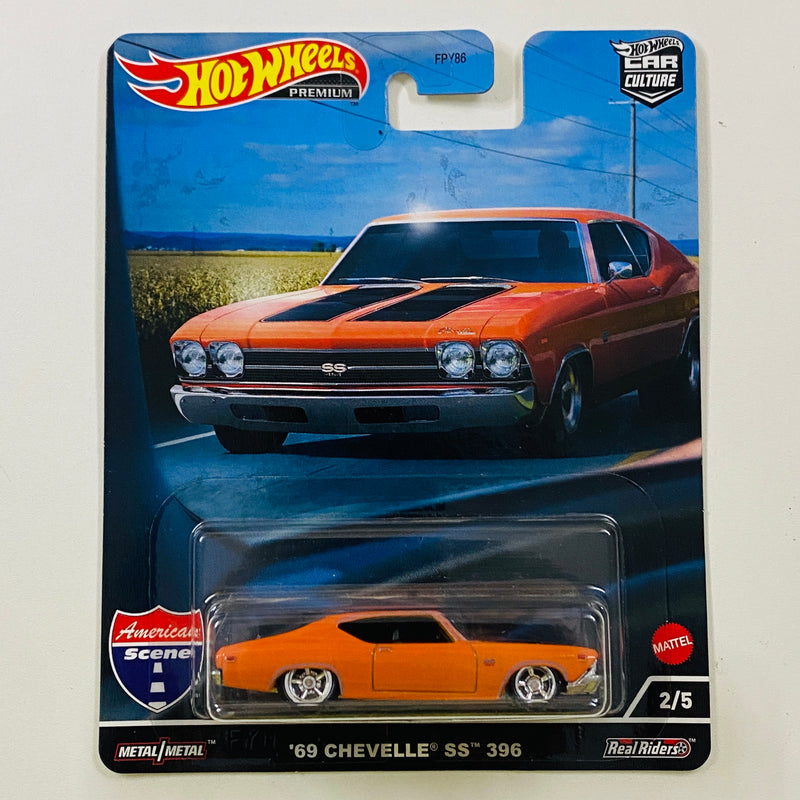 2022 Hot Wheels Premium Car Culture American Scene 69 Chevelle SS 396 naranja Llantas de Goma RR base ZAMAC