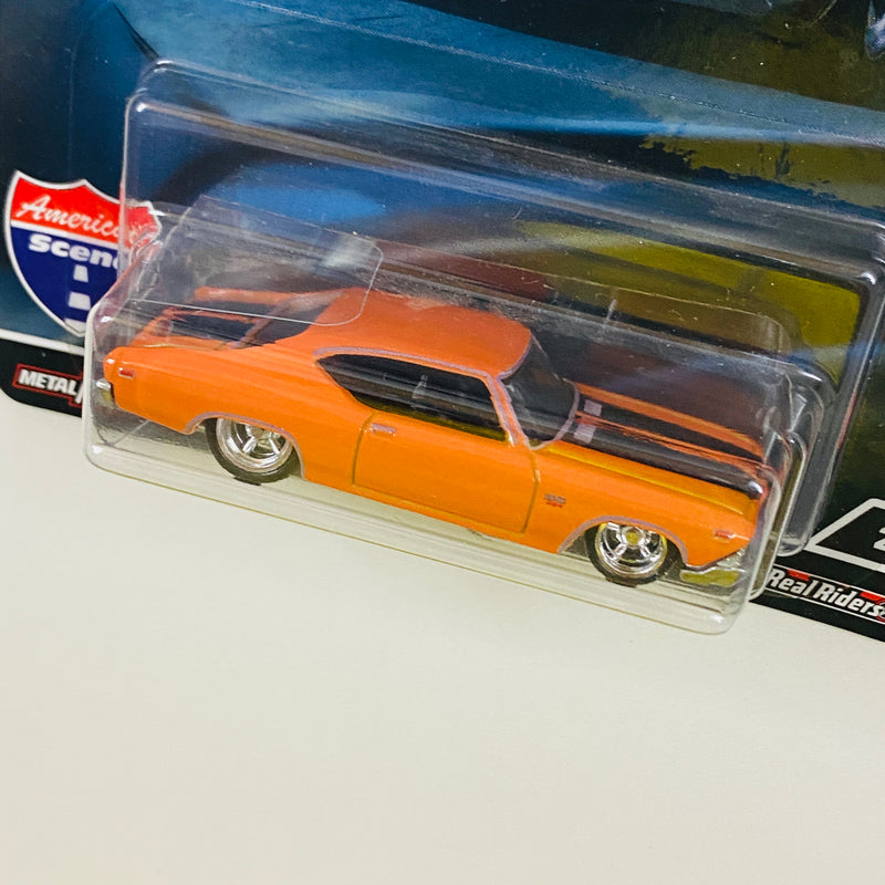 2022 Hot Wheels Premium Car Culture American Scene 69 Chevelle SS 396 naranja Llantas de Goma RR base ZAMAC