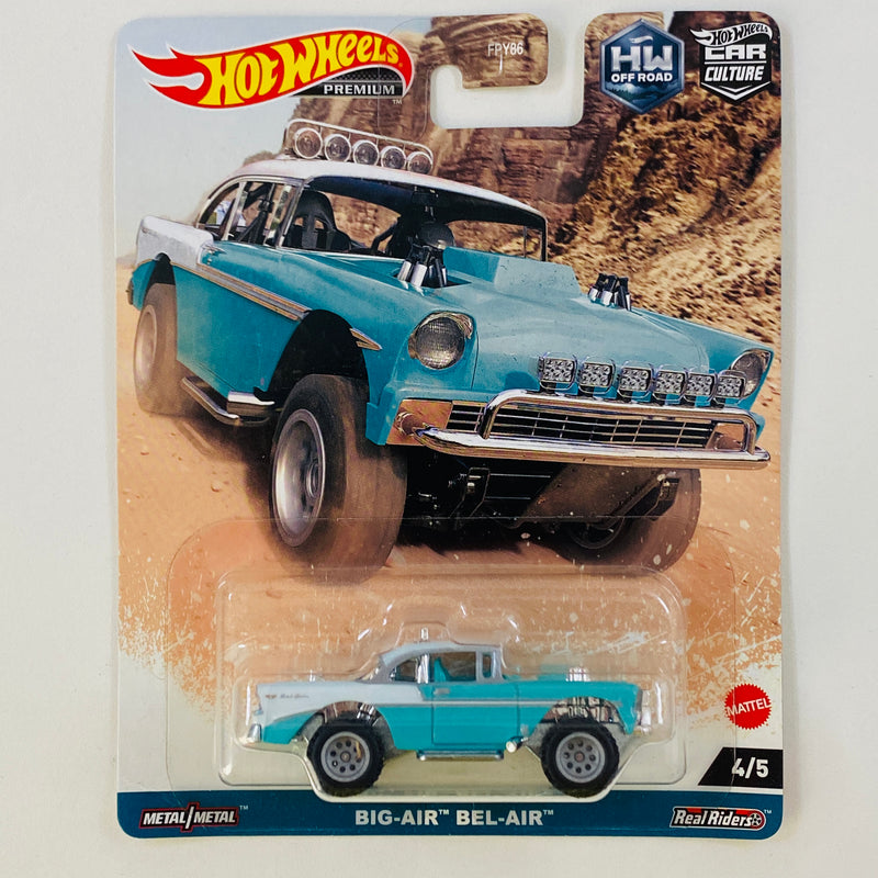 2023 Hot Wheels Premium Car Culture HW Off Road Big Air Bel Air 1956 Chevrolet Bel Air blanco Llantas de Goma RR base ZAMAC