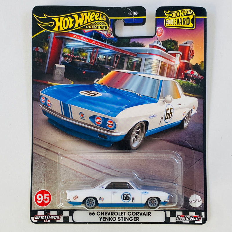 2024 Hot Wheels Premium Boulevard 66 Chevrolet Corvair Yenko Stinger blanco Llantas de Goma RR