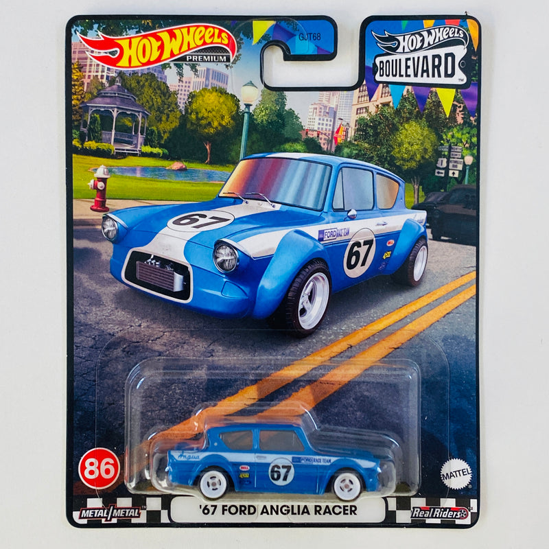 2023 Hot Wheels Premium Boulevard 67 Ford Anglia Racer azul Llantas de Goma RR Primera Edición