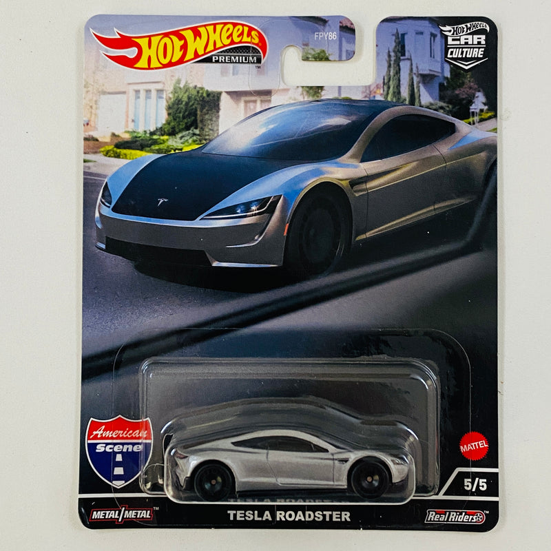 2022 Hot Wheels Premium Car Culture American Scene Tesla Roadster plata metálico Llantas de Goma RR Primera Edición - Detalle Burbuja