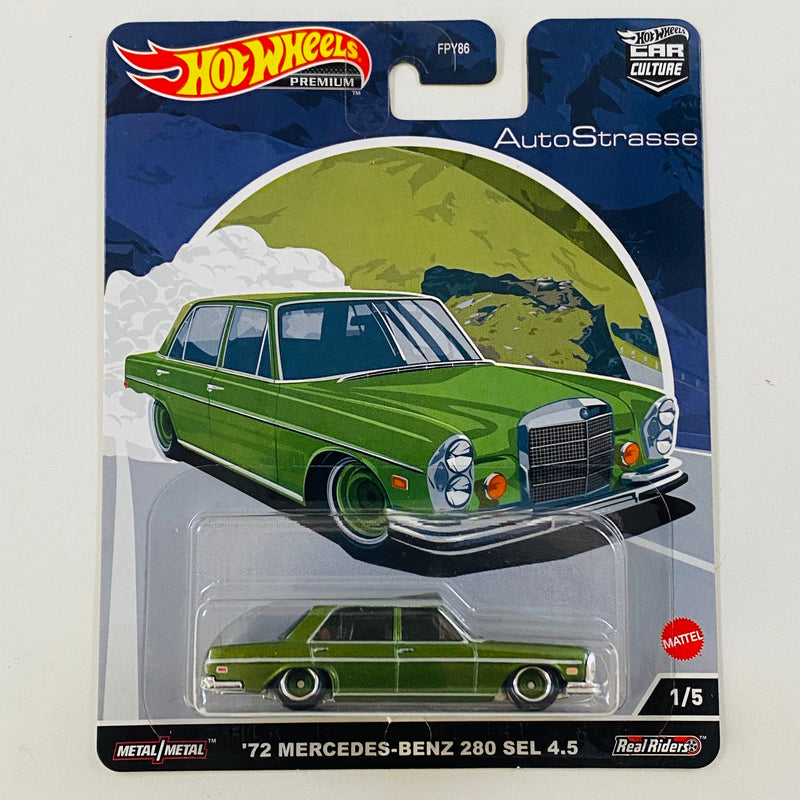 2022 Hot Wheels Premium Car Culture AutoStrasse 72 Mercedes Benz 280 SEL 4.5 verde metálico Llantas de Goma RR base ZAMAC