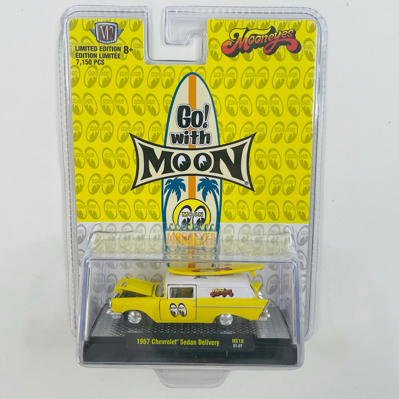 2021 M2 Machines Hobby Exclusive Limited Edition 1/7,150 Mooneyes 1957 Chevrolet Sedan Delivery HS18 amarillo Llantas de Goma