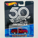 2018 Hot Wheels Premium 50th Anniversary Favorites 78 Dodge Li'l Red Express Truck rojo metálico Llantas de Goma RR base ZAMAC - Detalle Burbuja