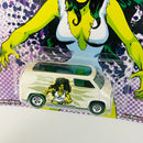 2017 Hot Wheels Premium Pop Culture Women of Marvel She Hulk Custom 77 Dodge Van blanco Llantas de Goma RR base ZAMAC