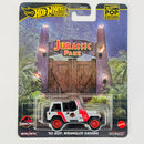 2025 Hot Wheels Premium Pop Culture Jurassic Park 92 Jeep Wrangler Sahara gris Llantas de Goma RR
