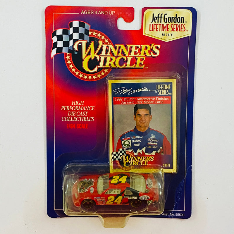 1997 Hasbro Winners Circle NASCAR Kenner Lifetime Series 3 of 6 Jeff Gordon 24 Dupont Jurassic Park Chevrolet Monte Carlo rojo con negro Llantas Goodyear