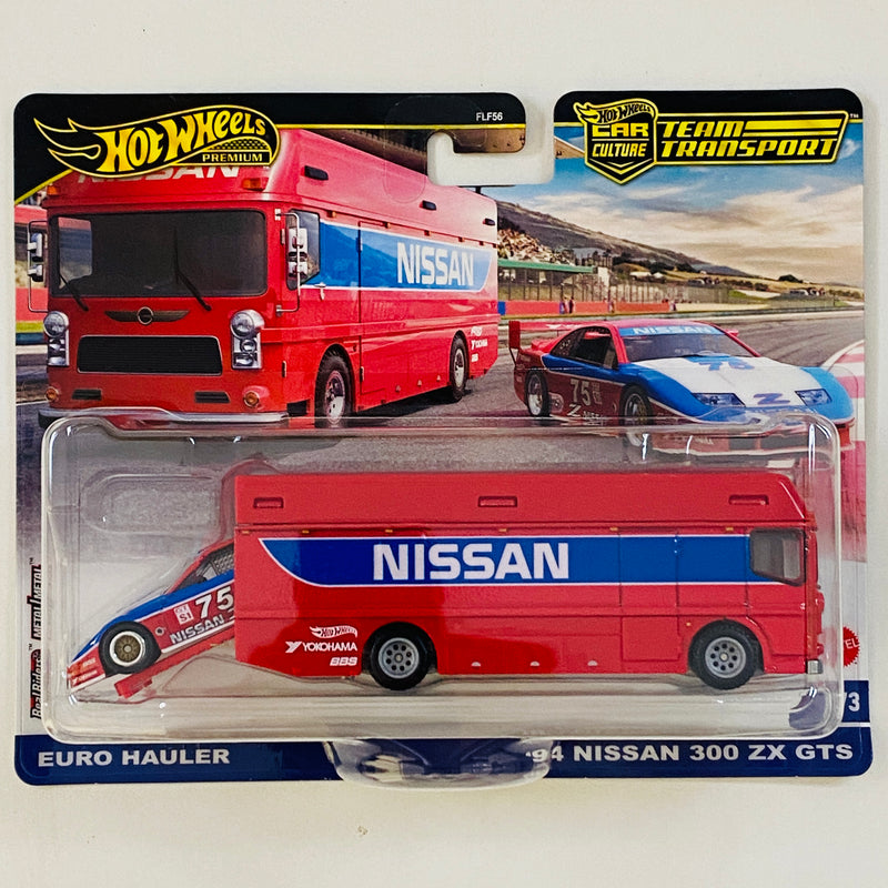 2024 Hot Wheels Premium Car Culture Team Transport 94 Nissan 300 ZX GTS y camión Euro Hauler con Llantas de Goma RR