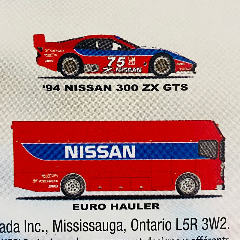 2024 Hot Wheels Premium Car Culture Team Transport 94 Nissan 300 ZX GTS y camión Euro Hauler con Llantas de Goma RR