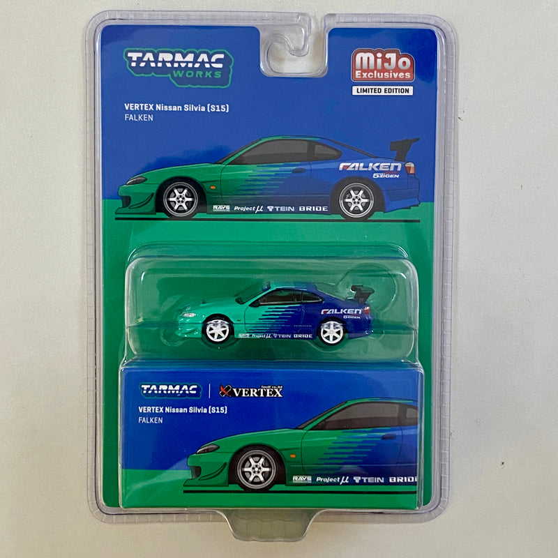 2024 Tarmac Works MiJo Exclusives 1:64 Limited Edition Global64 VERTEX Nissan Silvia (S15) FALKEN verde con azul Llantas de Goma