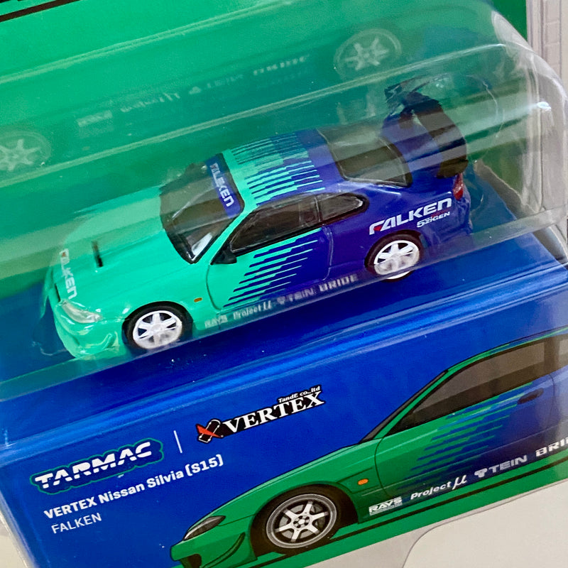 2024 Tarmac Works MiJo Exclusives 1:64 Limited Edition Global64 VERTEX Nissan Silvia (S15) FALKEN verde con azul Llantas de Goma