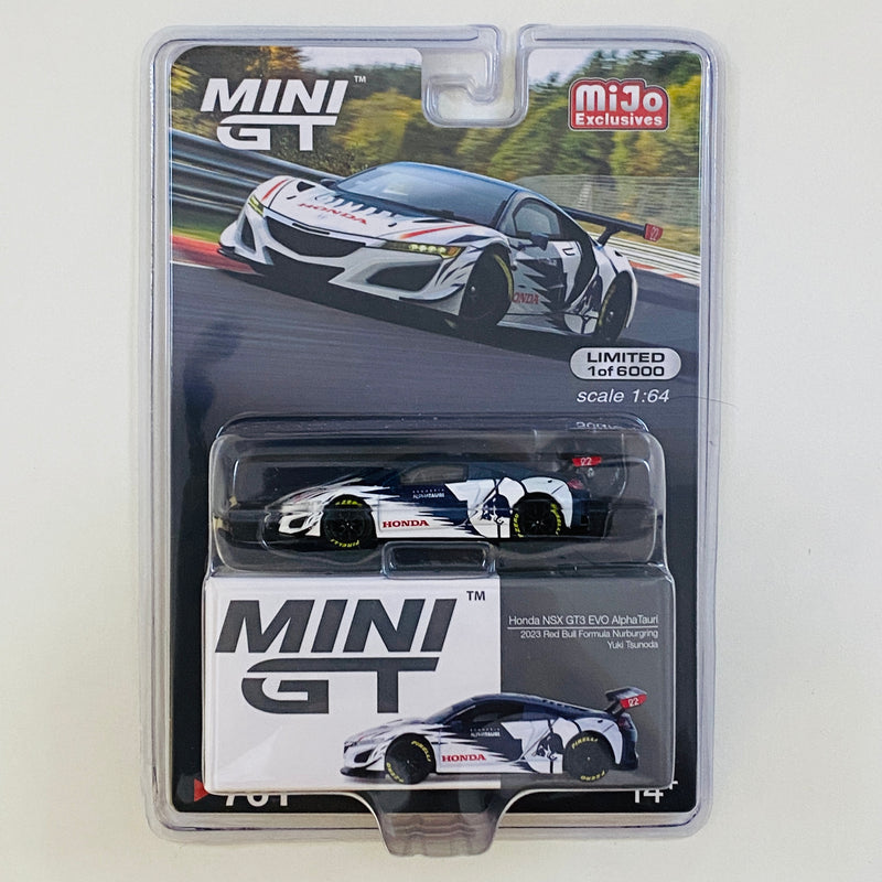 2024 Mini GT MiJo Exclusives 1:64 Limited Edition 1/6,000 Honda NSX GT3 EVO AlphaTauri 2023 Red Bull Formula Nurburgring Yuki Tsunoda blanco Llantas de Goma