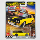 2025 Hot Wheels Premium Boulevard Datsun 510 Wagon amarillo con negro Llantas de Goma RR base ZAMAC