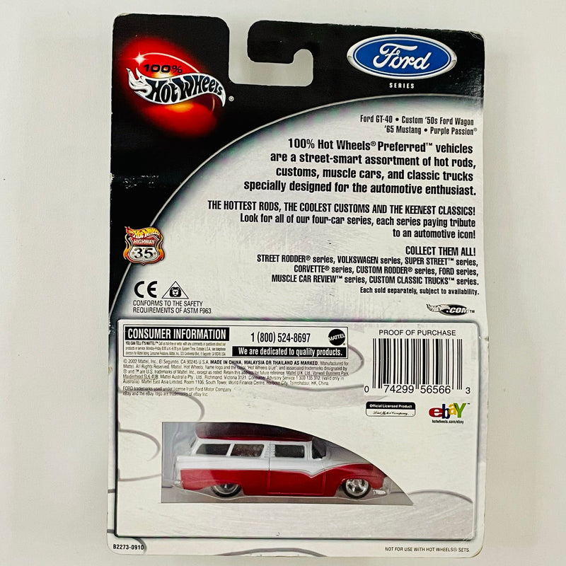 2003 Hot Wheels 100% Preferred Ford Series Custom 50s Ford Wagon rojo con blanco Llantas de Goma RR